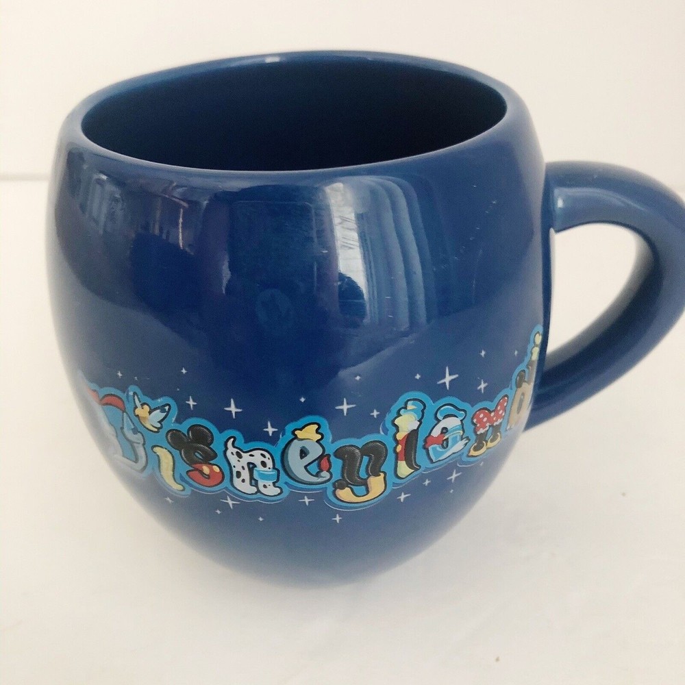 Disneyland Blue Rounded Coffee Cup Character Spell Out Theme Park Souvenir